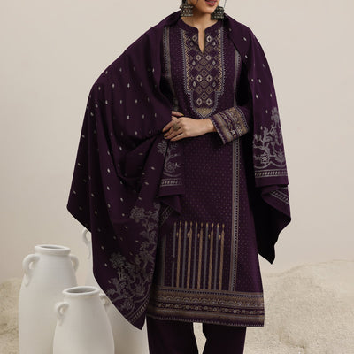 Burgundy Woven Design Wool Blend Straight Suit With Dupatta
