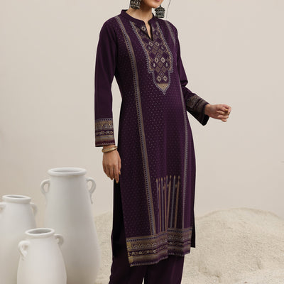 Burgundy Woven Design Wool Blend Straight Suit With Dupatta