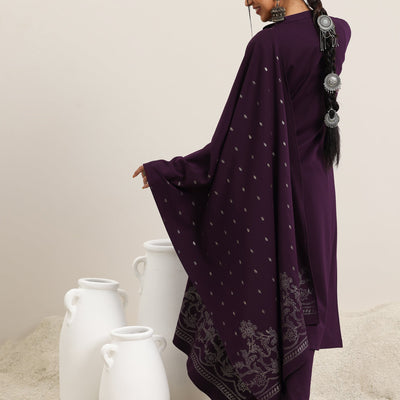 Burgundy Woven Design Wool Blend Straight Suit With Dupatta