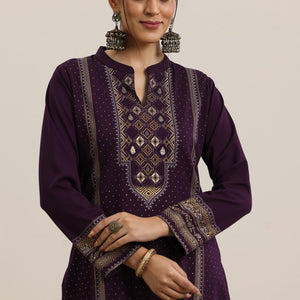 Burgundy Woven Design Wool Blend Straight Suit With Dupatta