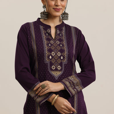 Burgundy Woven Design Wool Blend Straight Suit With Dupatta