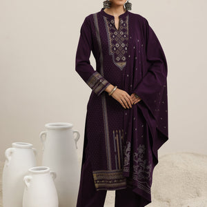 Burgundy Woven Design Wool Blend Straight Suit With Dupatta