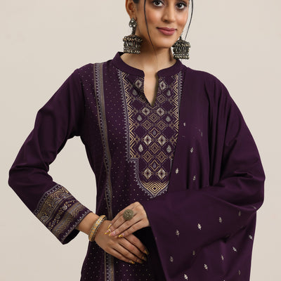 Burgundy Woven Design Wool Blend Straight Suit With Dupatta