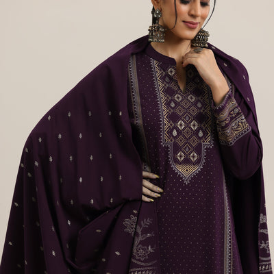 Burgundy Woven Design Wool Blend Straight Suit With Dupatta