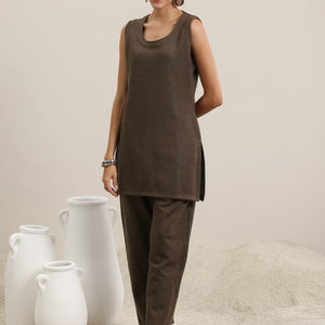 Brown Solid Wool Blend Straight Kurta With Palazzos