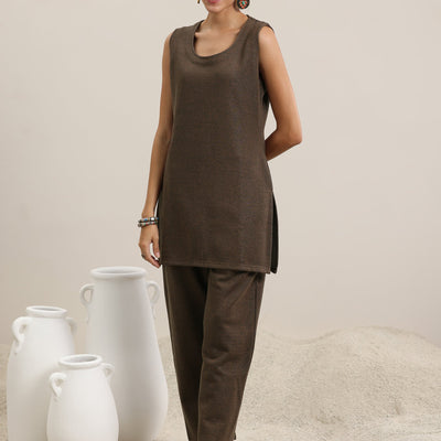 Brown Solid Wool Blend Straight Kurta With Palazzos