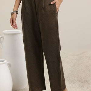 Brown Solid Wool Blend Straight Kurta With Palazzos