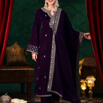 Burgundy Embroidered Velvet Straight Suit With Dupatta