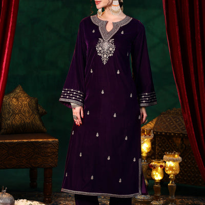 Burgundy Embroidered Velvet Straight Suit With Dupatta