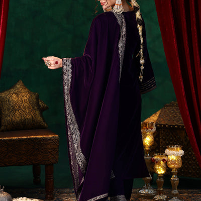 Burgundy Embroidered Velvet Straight Suit With Dupatta