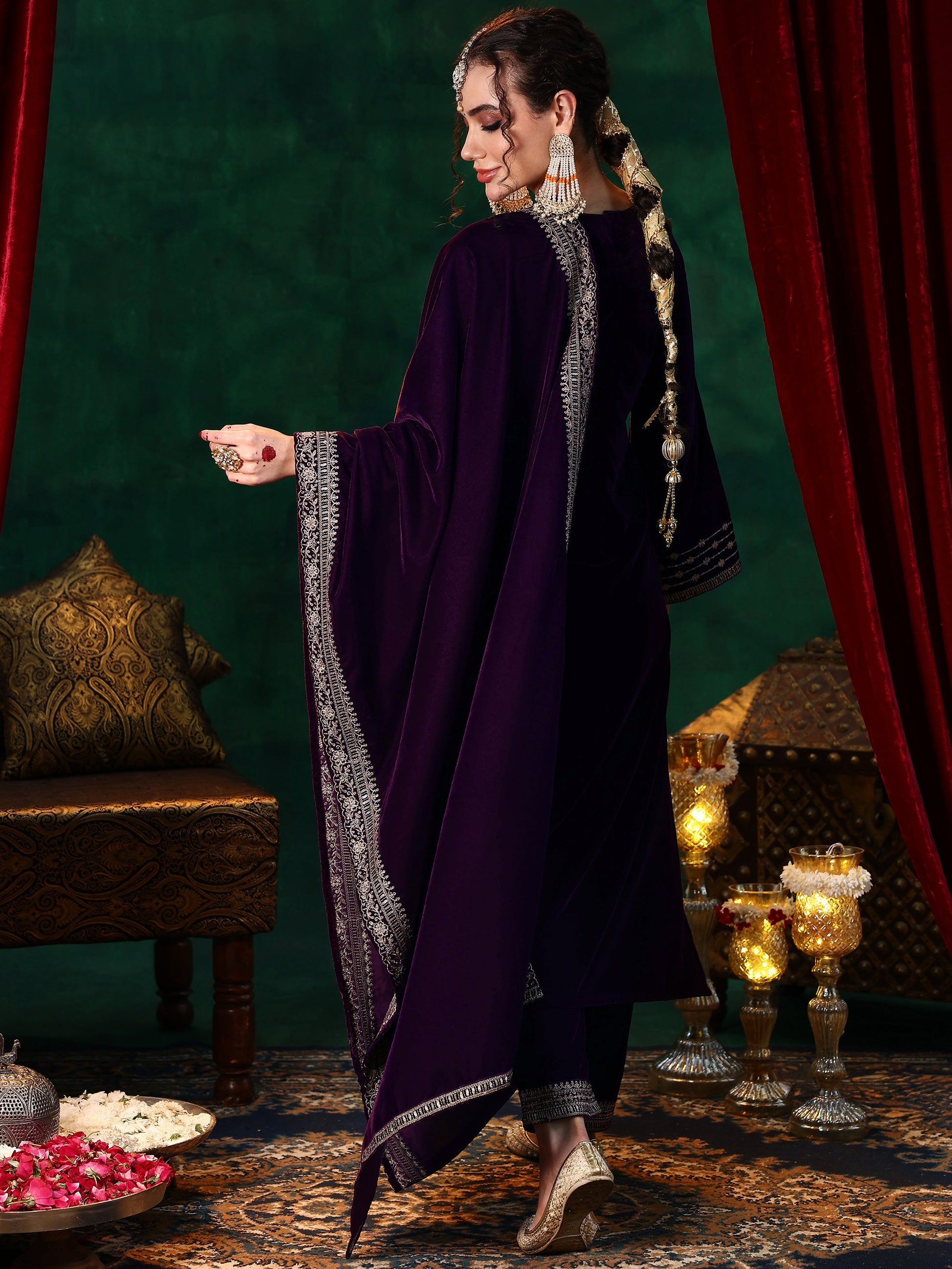 Burgundy Embroidered Velvet Straight Suit With Dupatta