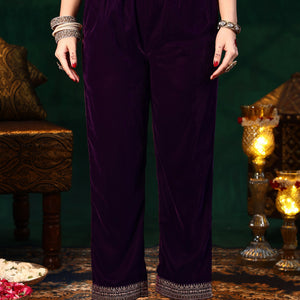 Burgundy Embroidered Velvet Straight Suit With Dupatta