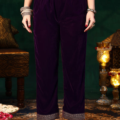 Burgundy Embroidered Velvet Straight Suit With Dupatta