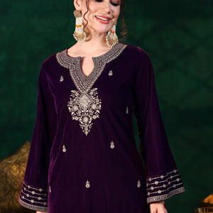Burgundy Embroidered Velvet Straight Suit With Dupatta