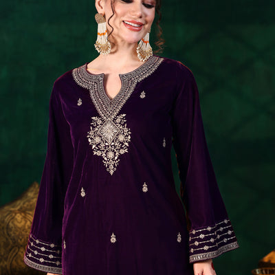 Burgundy Embroidered Velvet Straight Suit With Dupatta