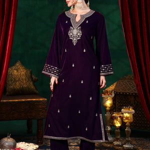 Burgundy Embroidered Velvet Straight Suit With Dupatta