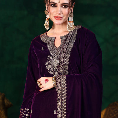 Burgundy Embroidered Velvet Straight Suit With Dupatta