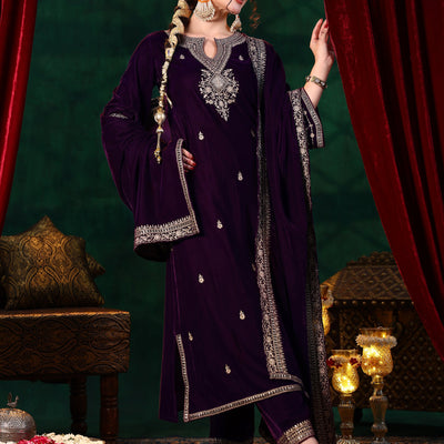 Burgundy Embroidered Velvet Straight Suit With Dupatta