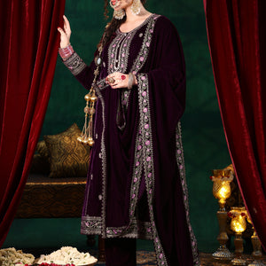 Burgundy Embroidered Velvet Straight Suit With Dupatta
