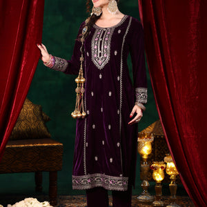 Burgundy Embroidered Velvet Straight Suit With Dupatta