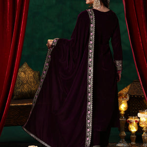 Burgundy Embroidered Velvet Straight Suit With Dupatta