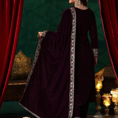 Burgundy Embroidered Velvet Straight Suit With Dupatta