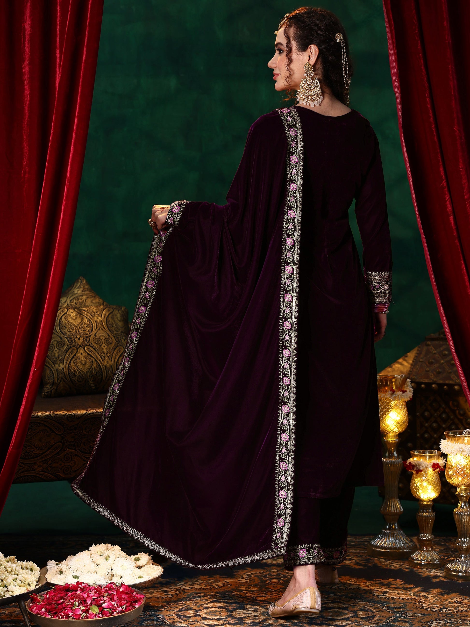 Burgundy Embroidered Velvet Straight Suit With Dupatta