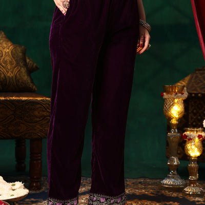 Burgundy Embroidered Velvet Straight Suit With Dupatta