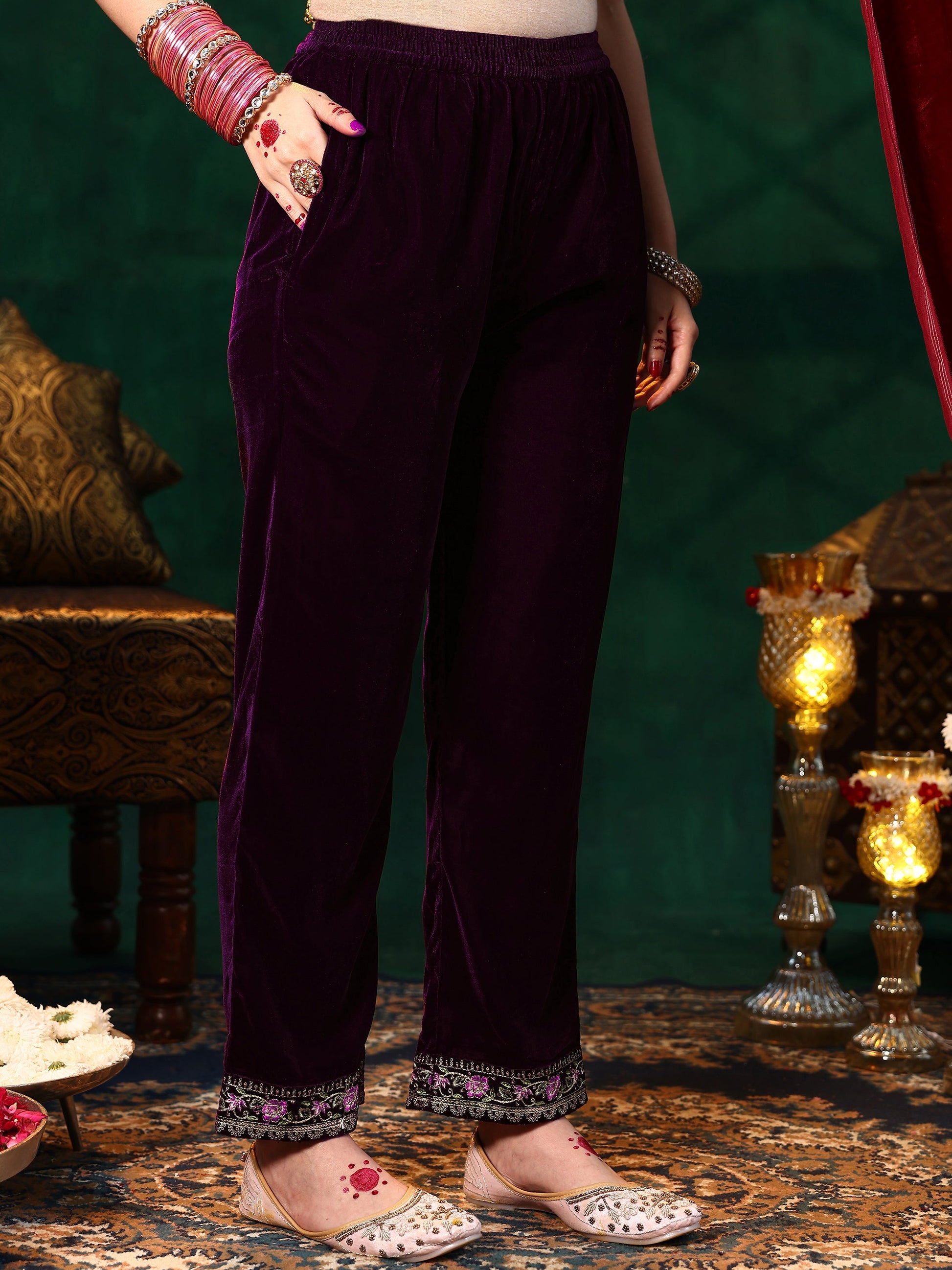Burgundy Embroidered Velvet Straight Suit With Dupatta