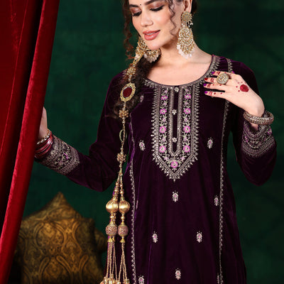 Burgundy Embroidered Velvet Straight Suit With Dupatta