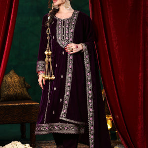 Burgundy Embroidered Velvet Straight Suit With Dupatta