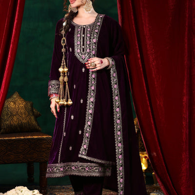 Burgundy Embroidered Velvet Straight Suit With Dupatta