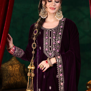 Burgundy Embroidered Velvet Straight Suit With Dupatta