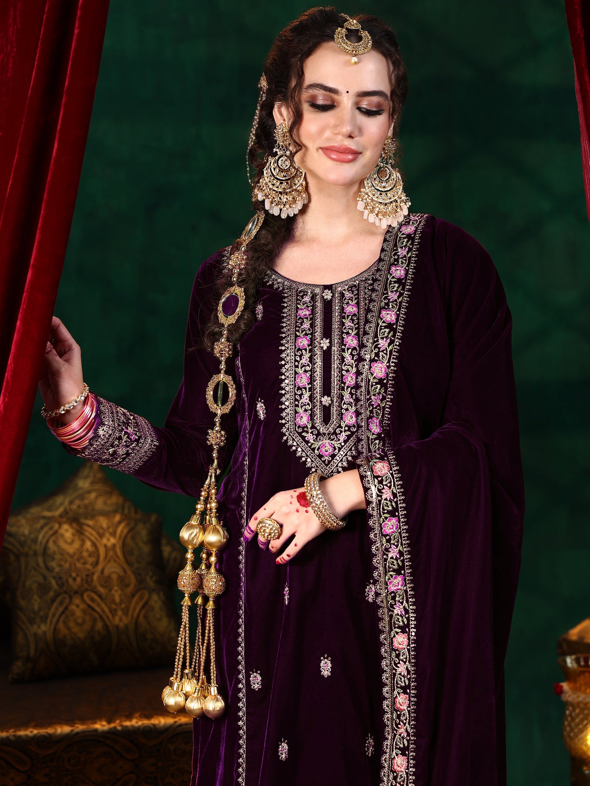 Burgundy Embroidered Velvet Straight Suit With Dupatta