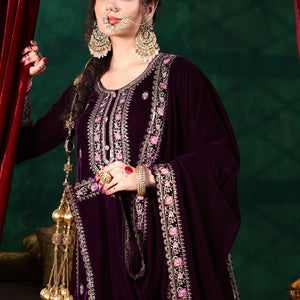 Burgundy Embroidered Velvet Straight Suit With Dupatta