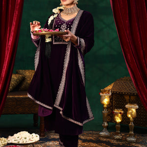 Burgundy Yoke Design Velvet Straight Suit With Dupatta