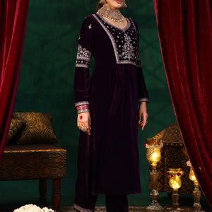 Burgundy Yoke Design Velvet Straight Suit With Dupatta
