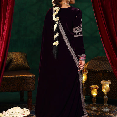 Burgundy Yoke Design Velvet Straight Suit With Dupatta
