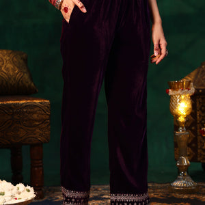 Burgundy Yoke Design Velvet Straight Suit With Dupatta