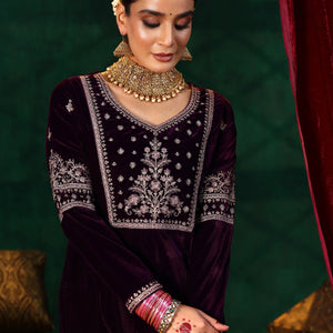 Burgundy Yoke Design Velvet Straight Suit With Dupatta