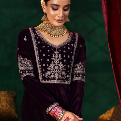 Burgundy Yoke Design Velvet Straight Suit With Dupatta