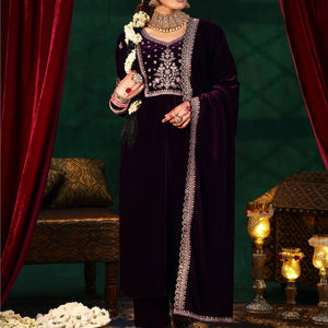 Burgundy Yoke Design Velvet Straight Suit With Dupatta