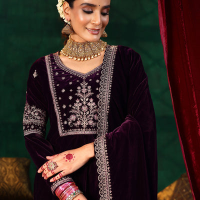 Burgundy Yoke Design Velvet Straight Suit With Dupatta