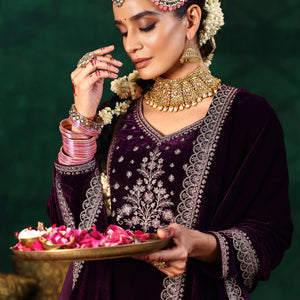 Burgundy Yoke Design Velvet Straight Suit With Dupatta
