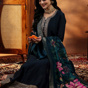 Blue Yoke Design Silk Blend A-Line Kurta With Trousers & Dupatta