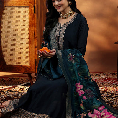 Blue Yoke Design Silk Blend A-Line Kurta With Trousers & Dupatta