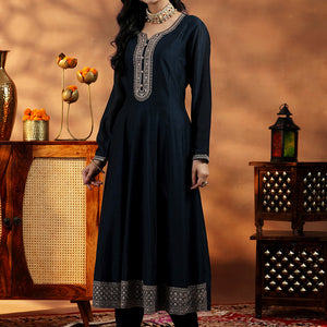 Blue Yoke Design Silk Blend A-Line Kurta With Trousers & Dupatta