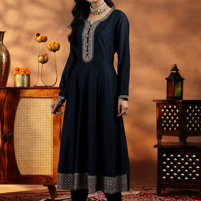 Blue Yoke Design Silk Blend A-Line Kurta With Trousers & Dupatta