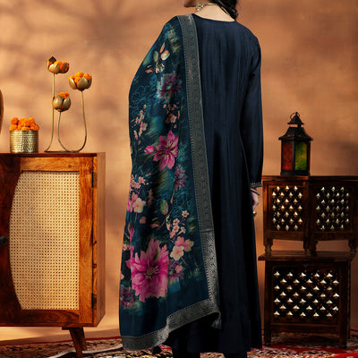 Blue Yoke Design Silk Blend A-Line Kurta With Trousers & Dupatta