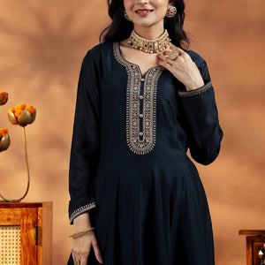 Blue Yoke Design Silk Blend A-Line Kurta With Trousers & Dupatta
